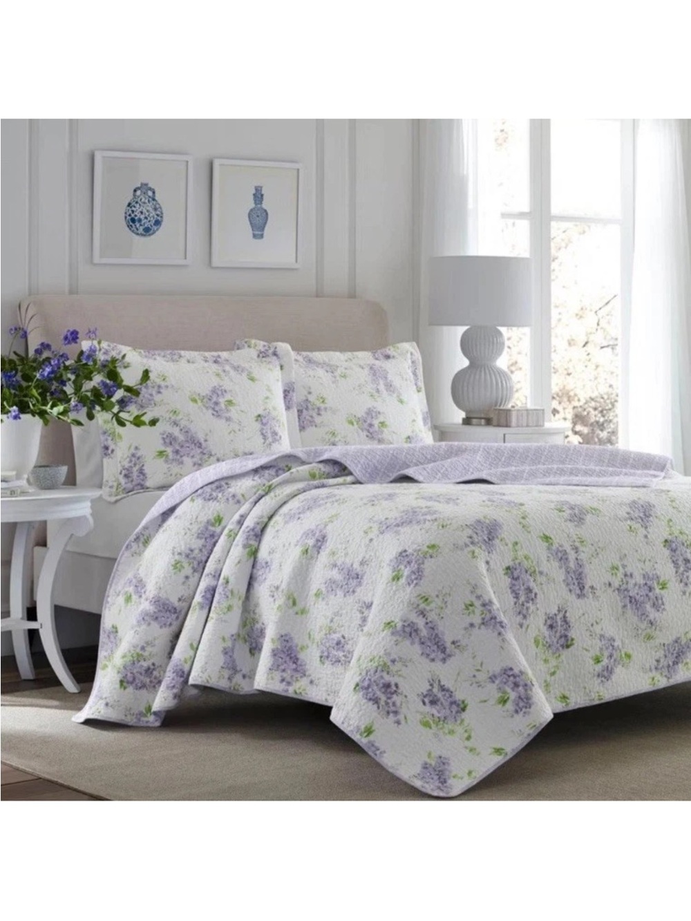 Laura Ashley ~ Full/Queen Keighley Floral 3 Pc Quilt Set Reversible Purple